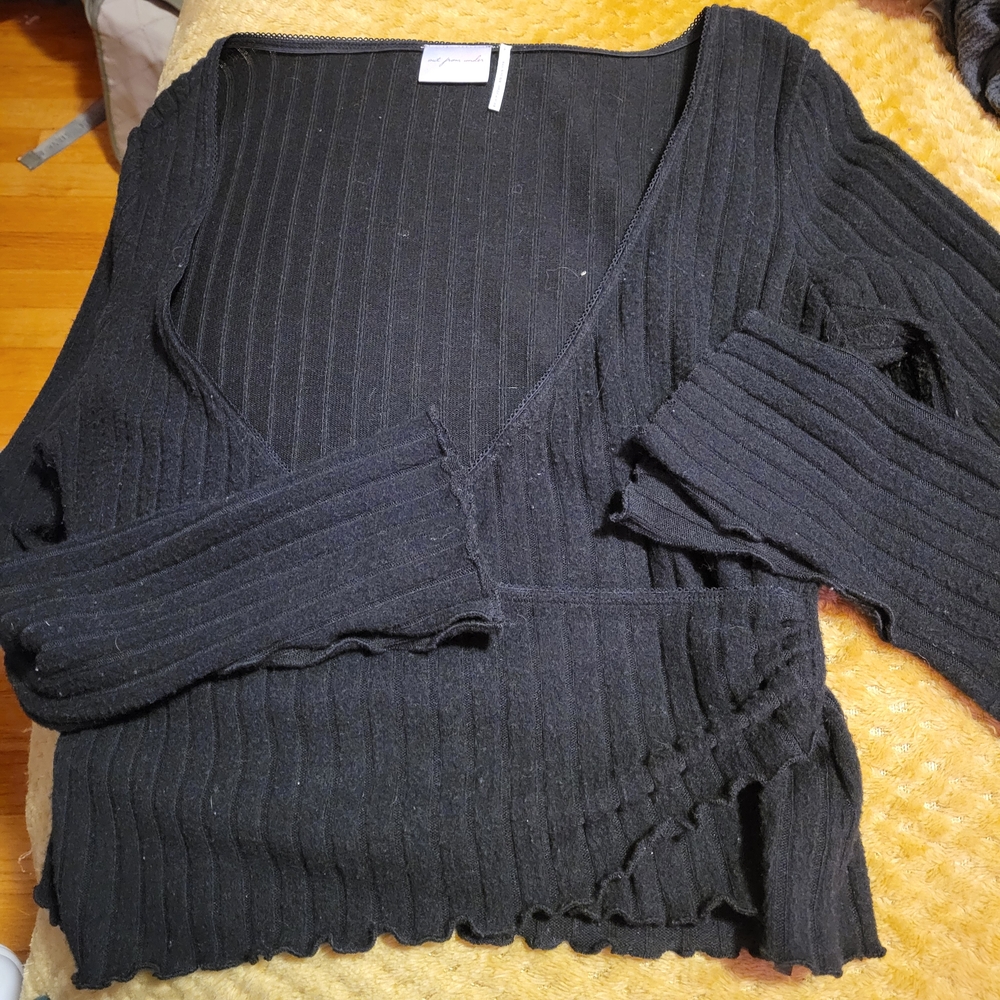 Out From Under (Urban Outfitters) Black Cozy Ribbed Wrap Sweater